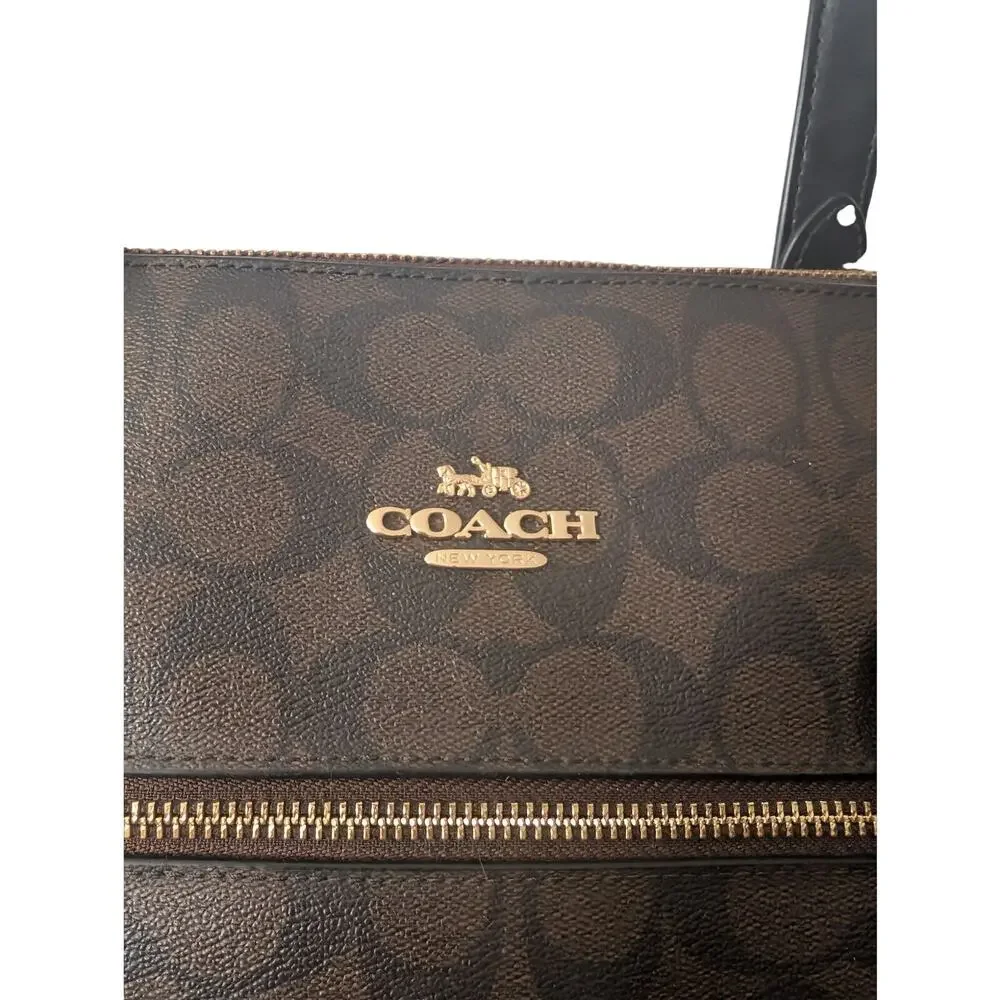 Coach Brown Signature Canvas Tote with Black Handles and Gold Hardware